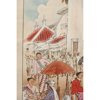 古城江観 木版画 ジャワ市場風景 山岸主計刀　Z340 