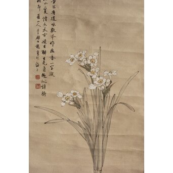 倣 顔伯龍/颜伯龙 水仙図 紙本軸装　Z343 