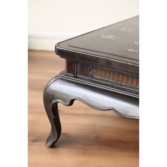 唐物 黒漆螺鈿象嵌 竹編卓 青貝花台　Q315 