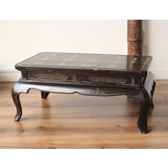 唐物 黒漆螺鈿象嵌 竹編卓 青貝花台　Q315 