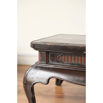 唐物 黒漆螺鈿象嵌 竹編卓 青貝花台　Q315 