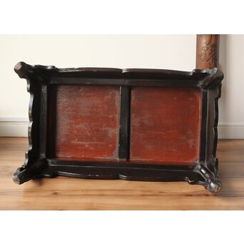 唐物 黒漆螺鈿象嵌 竹編卓 青貝花台　Q315 