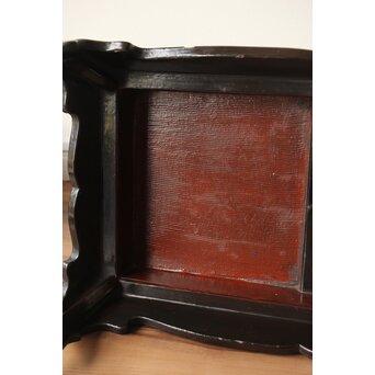 唐物 黒漆螺鈿象嵌 竹編卓 青貝花台　Q315 