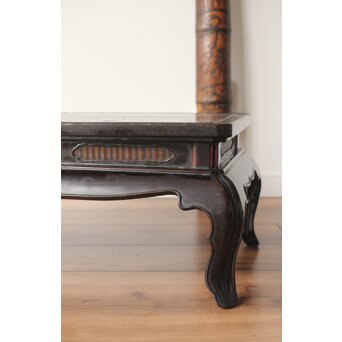 唐物 黒漆螺鈿象嵌 竹編卓 青貝花台　Q315 