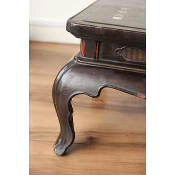 唐物 黒漆螺鈿象嵌 竹編卓 青貝花台　Q315 