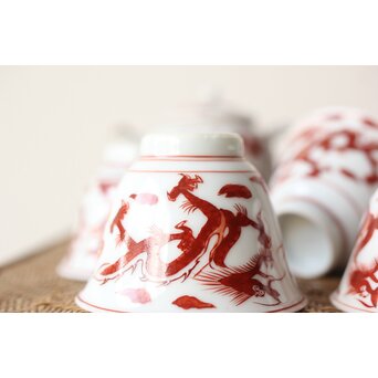 三浦竹泉 赤絵龍紋 煎茶器7点　P363 
