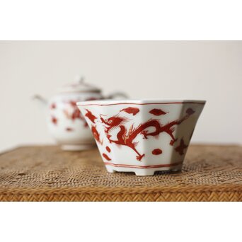 三浦竹泉 赤絵龍紋 煎茶器7点　P363 