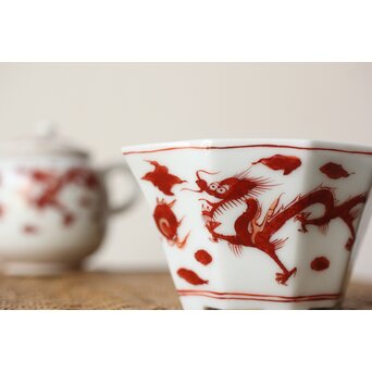 三浦竹泉 赤絵龍紋 煎茶器7点　P363 