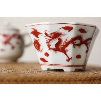 三浦竹泉 赤絵龍紋 煎茶器7点　P363 