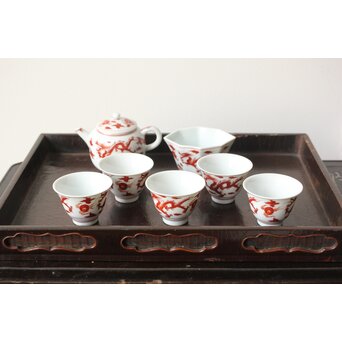 三浦竹泉 赤絵龍紋 煎茶器7点　P363