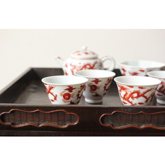 三浦竹泉 赤絵龍紋 煎茶器7点　P363 