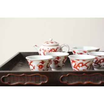 三浦竹泉 赤絵龍紋 煎茶器7点　P363 