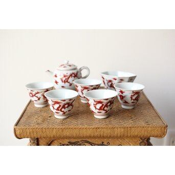 三浦竹泉 赤絵龍紋 煎茶器7点　P363 