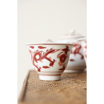三浦竹泉 赤絵龍紋 煎茶器7点　P363 