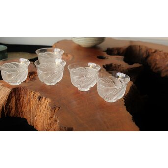 堀口硝子 須田秀石 江戸切子 麻ノ葉斜子文 冷茶碗五客 共箱　Y039 