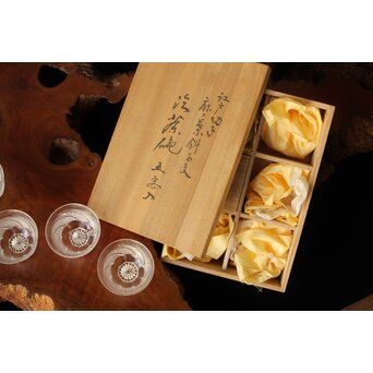 堀口硝子 須田秀石 江戸切子 麻ノ葉斜子文 冷茶碗五客 共箱　Y039 