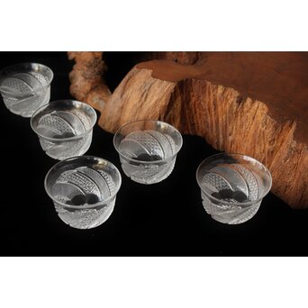 堀口硝子 須田秀石 江戸切子 麻ノ葉斜子文 冷茶碗五客 共箱　Y039 