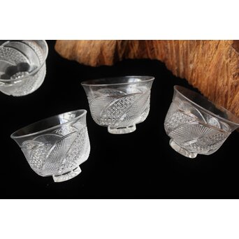 堀口硝子 須田秀石 江戸切子 麻ノ葉斜子文 冷茶碗五客 共箱　Y039 