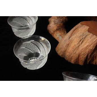 堀口硝子 須田秀石 江戸切子 麻ノ葉斜子文 冷茶碗五客 共箱　Y039 