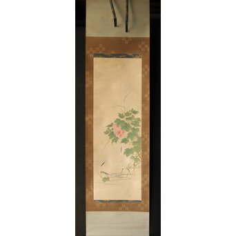 加賀友禅【芙蓉白鷺図】染絵 染掛軸 守中銘 共箱　Z373
