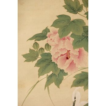 加賀友禅【芙蓉白鷺図】染絵 染掛軸 守中銘 共箱　Z373 