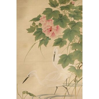 加賀友禅【芙蓉白鷺図】染絵 染掛軸 守中銘 共箱　Z373 