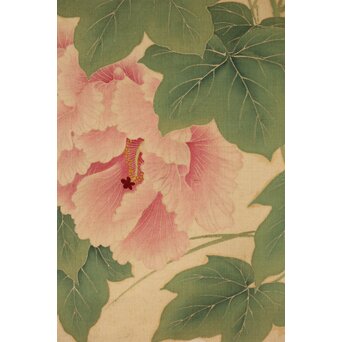 加賀友禅【芙蓉白鷺図】染絵 染掛軸 守中銘 共箱　Z373 