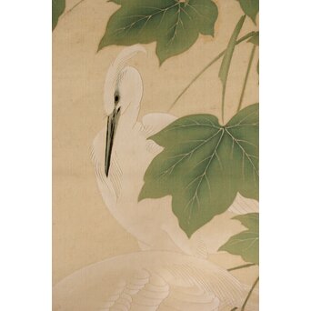 加賀友禅【芙蓉白鷺図】染絵 染掛軸 守中銘 共箱　Z373 