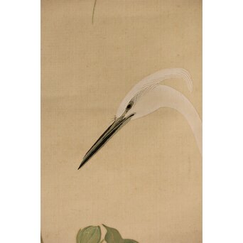 加賀友禅【芙蓉白鷺図】染絵 染掛軸 守中銘 共箱　Z373 