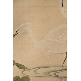 加賀友禅【芙蓉白鷺図】染絵 染掛軸 守中銘 共箱　Z373 