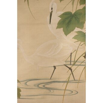 加賀友禅【芙蓉白鷺図】染絵 染掛軸 守中銘 共箱　Z373 