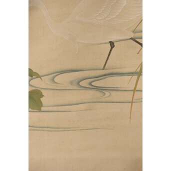 加賀友禅【芙蓉白鷺図】染絵 染掛軸 守中銘 共箱　Z373 