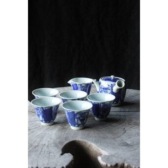 倣 青木木米/聾米 九谷 幡山造 染付 賢人図 煎茶器揃 急須 茶碗 5客 湯冷　P379 