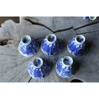 倣 青木木米/聾米 九谷 幡山造 染付 賢人図 煎茶器揃 急須 茶碗 5客 湯冷　P379 