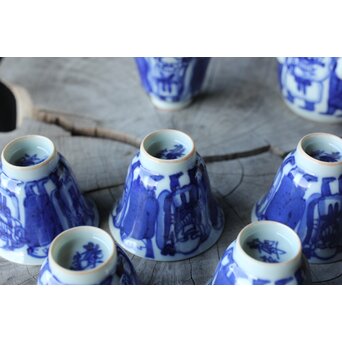 倣 青木木米/聾米 九谷 幡山造 染付 賢人図 煎茶器揃 急須 茶碗 5客 湯冷　P379 