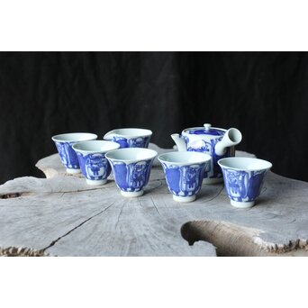 倣 青木木米/聾米 九谷 幡山造 染付 賢人図 煎茶器揃 急須 茶碗 5客 湯冷　P379