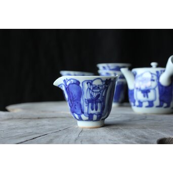 倣 青木木米/聾米 九谷 幡山造 染付 賢人図 煎茶器揃 急須 茶碗 5客 湯冷　P379 