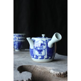 倣 青木木米/聾米 九谷 幡山造 染付 賢人図 煎茶器揃 急須 茶碗 5客 湯冷　P379 