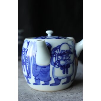 倣 青木木米/聾米 九谷 幡山造 染付 賢人図 煎茶器揃 急須 茶碗 5客 湯冷　P379 