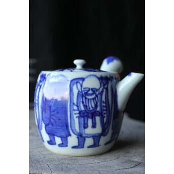 倣 青木木米/聾米 九谷 幡山造 染付 賢人図 煎茶器揃 急須 茶碗 5客 湯冷　P379 