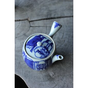 倣 青木木米/聾米 九谷 幡山造 染付 賢人図 煎茶器揃 急須 茶碗 5客 湯冷　P379 