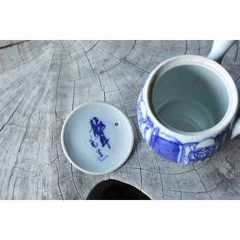 倣 青木木米/聾米 九谷 幡山造 染付 賢人図 煎茶器揃 急須 茶碗 5客 湯冷　P379 