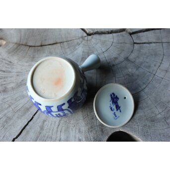 倣 青木木米/聾米 九谷 幡山造 染付 賢人図 煎茶器揃 急須 茶碗 5客 湯冷　P379 