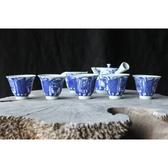 倣 青木木米/聾米 九谷 幡山造 染付 賢人図 煎茶器揃 急須 茶碗 5客 湯冷　P379 