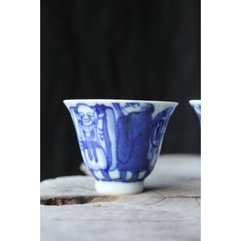 倣 青木木米/聾米 九谷 幡山造 染付 賢人図 煎茶器揃 急須 茶碗 5客 湯冷　P379 