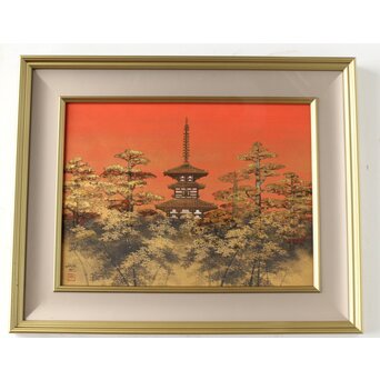 平川敏夫【薬師塔韻】日本画15号 共シール 額装　Z377