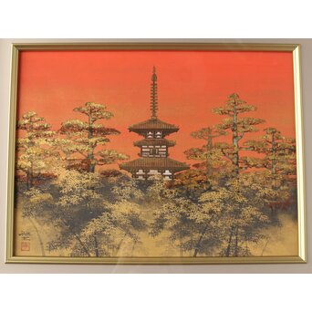 平川敏夫【薬師塔韻】日本画15号 共シール 額装　Z377 