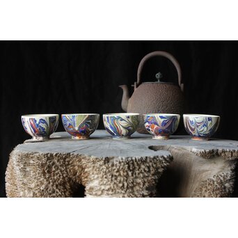 京焼か 墨流 煎茶碗五客　P381