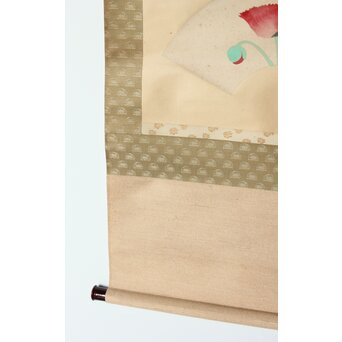 山口蓬春【罌粟】紙本扇面掛軸　Z379 