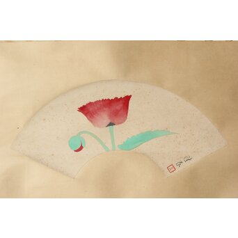 山口蓬春【罌粟】紙本扇面掛軸　Z379 